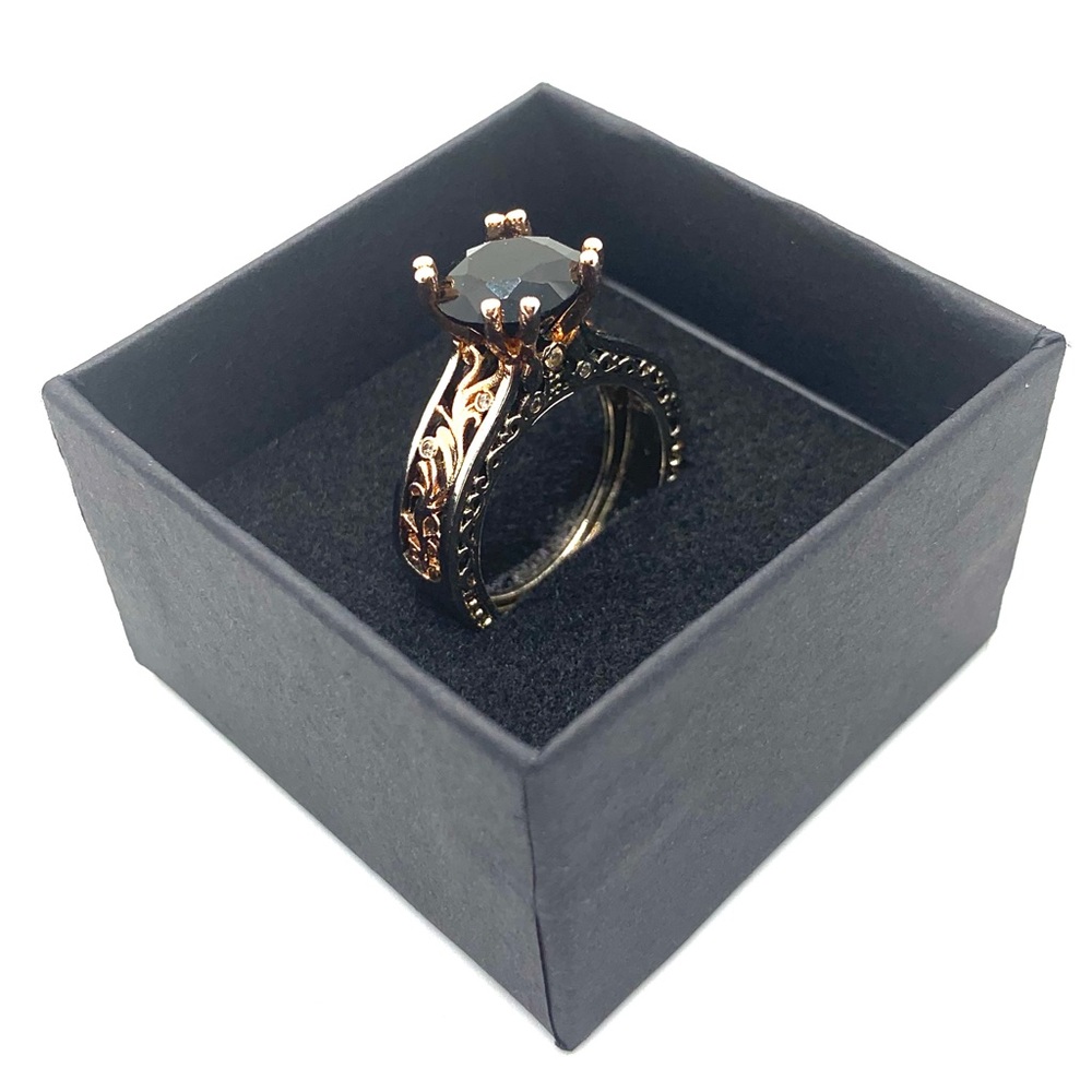 Brilliant Simulated Black Diamond Two Tone Engagement Ring